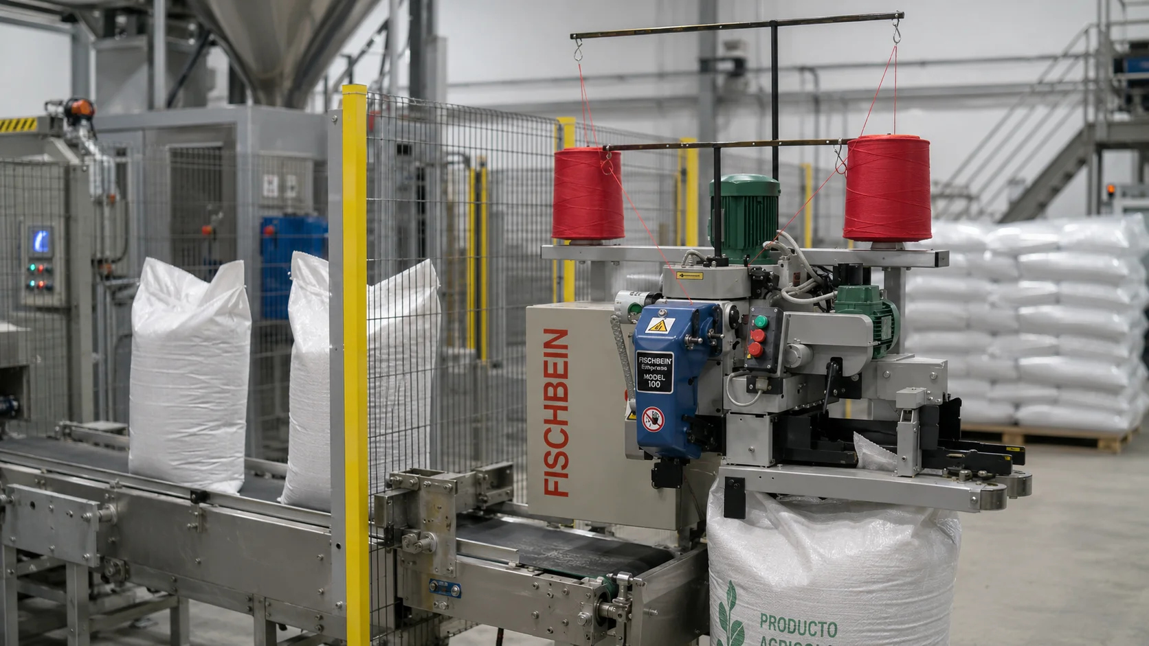 Sistema Fischbein integrado en una línea automática de ensacado industrial