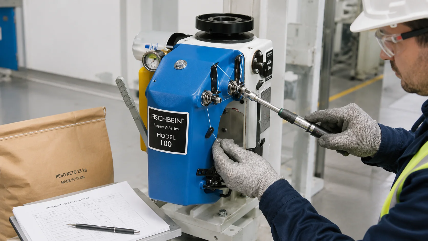 Técnico realizando la puesta en marcha de un cabezal Fischbein Empress modelo 100